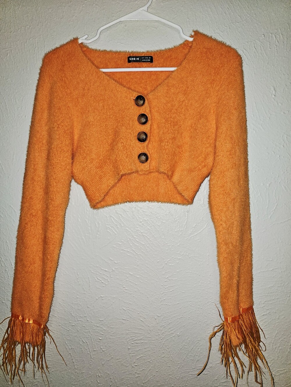 SHEIN Orange Fuzzy Crop Sweater with Fringe